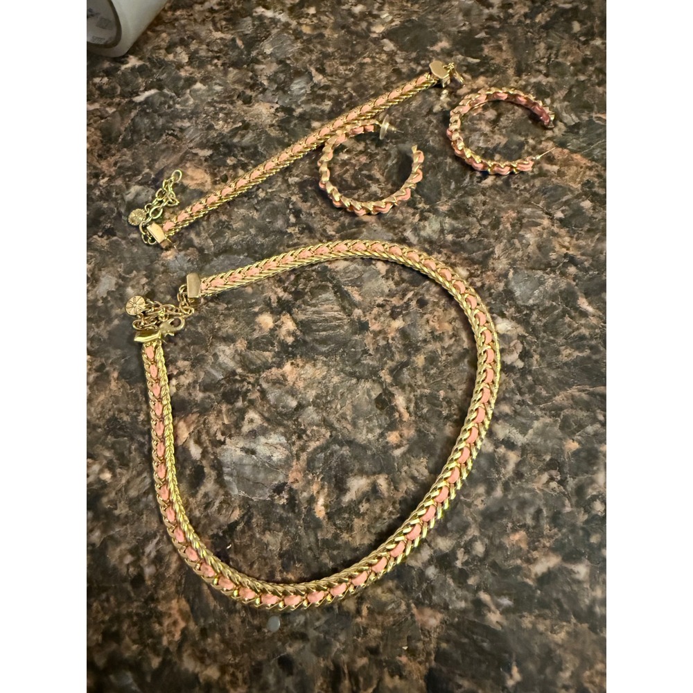Tory Burch Gold Pink Leather Woven Chain Jewelry Set Necklace Bracelet Earrings